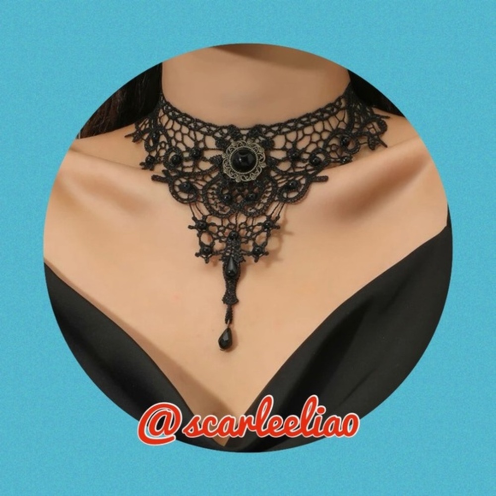 Lulu’s Black Lace Black Stone Choker Necklace
